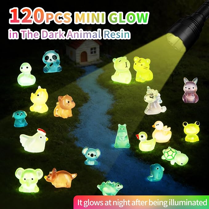 EKisemio 120Pcs Mini Resin Animals Blind Bags, Glow Mystery Figures Bags | Luminous Animals Figures Variety Pack , Glow in The Dark Designs, for Kids’ Collecting, Hide Games, Classroom Rewards