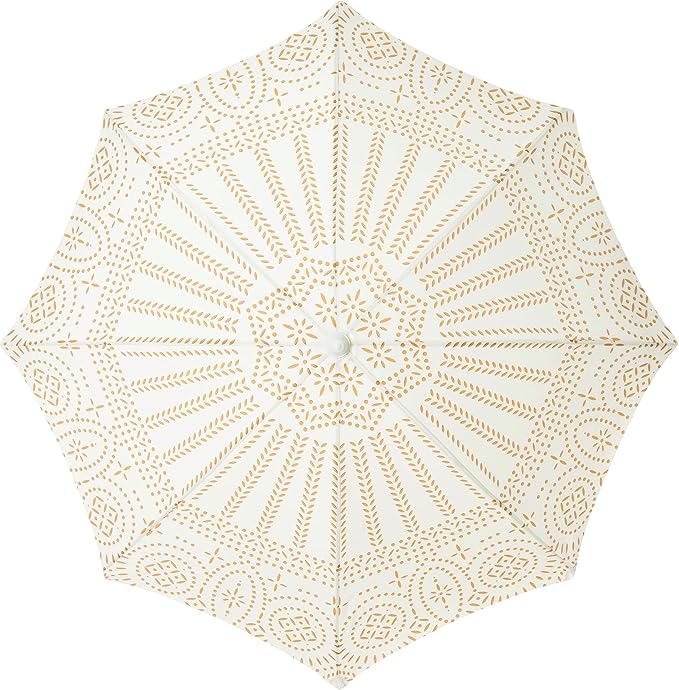 Business & Pleasure Co. Holiday Umbrella - Boho Beach Umbrella with White Fringe, UPF 50+, 1" Tilting Wood Pole, 5’ x 6.5’, Eyelet