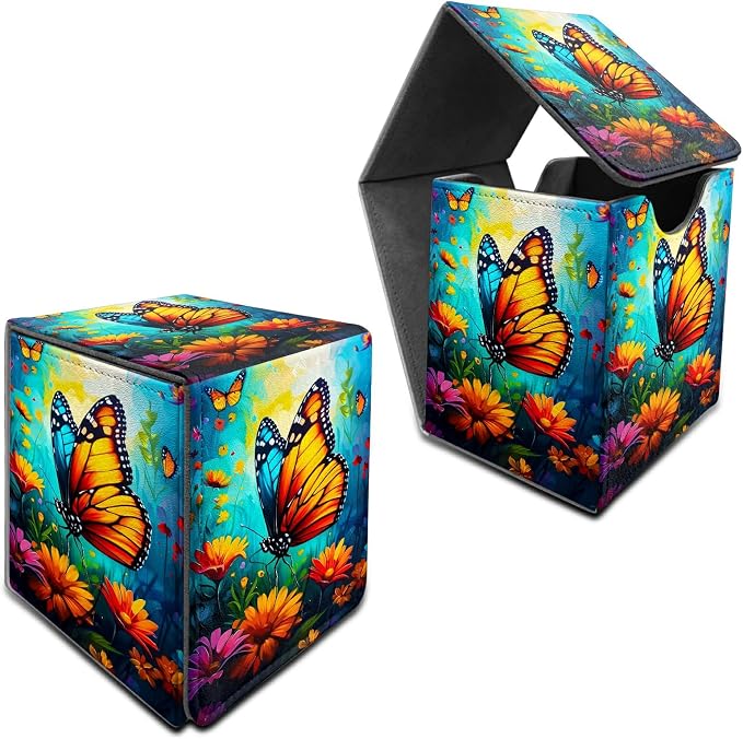 Deck Box for MTG, Cards Storage Box Fits 120+ Sleeved, Leather Medium Size Strong Magnetic Closing Card Case for Board Games Magic TCG CCG Baseball Collection, Butterfly Blue Sky