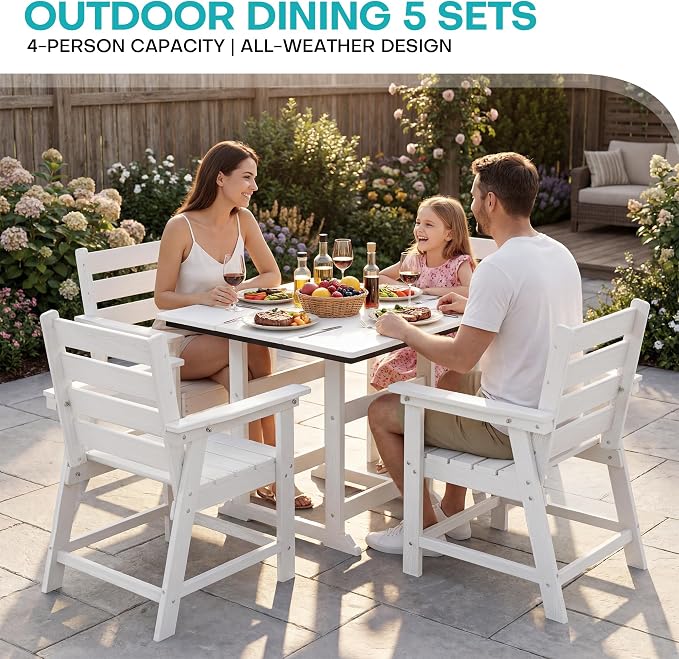 5 Piece Patio Dining Set, HDPE All-Weather Furniture with 4 Chairs & 1 Square Table, for Backyard, Garden, White