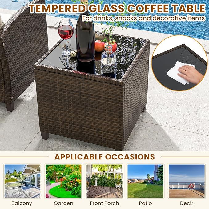 ORALNER 5 Pieces Patio Furniture Set with Ottoman, Wicker Conversation Set w/Cushions, Glass Coffee Table, Outdoor Rattan Lounger Chairs Bistro Set for Porch Balcony Garden Deck Poolside (Cream White)