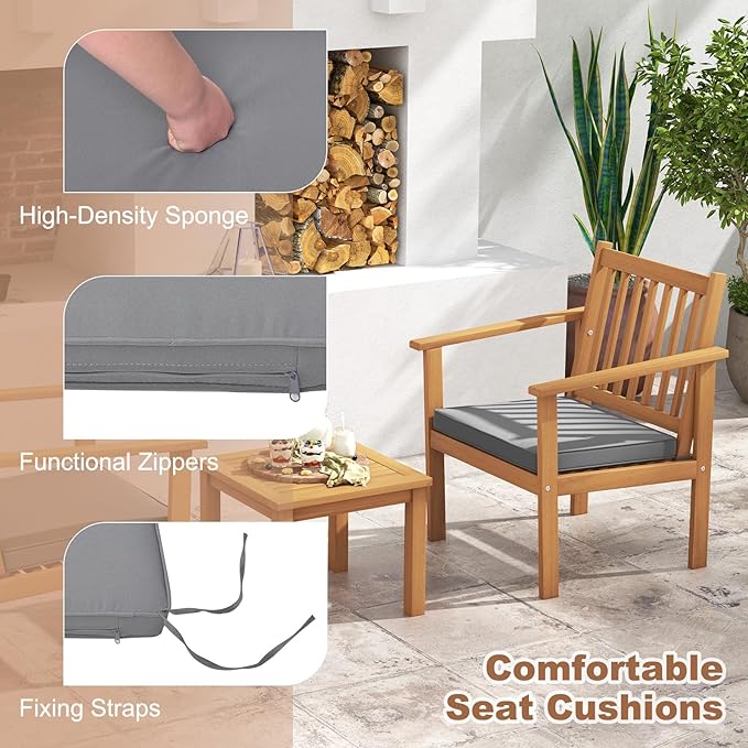 Tangkula 3 Pieces Patio Wood Furniture Set, Acacia Wood Chairs and Coffee Table Set with Soft Cushions, Slatted Design, Outdoor Furniture Set for Porch, Yard, Balcony (Grey)