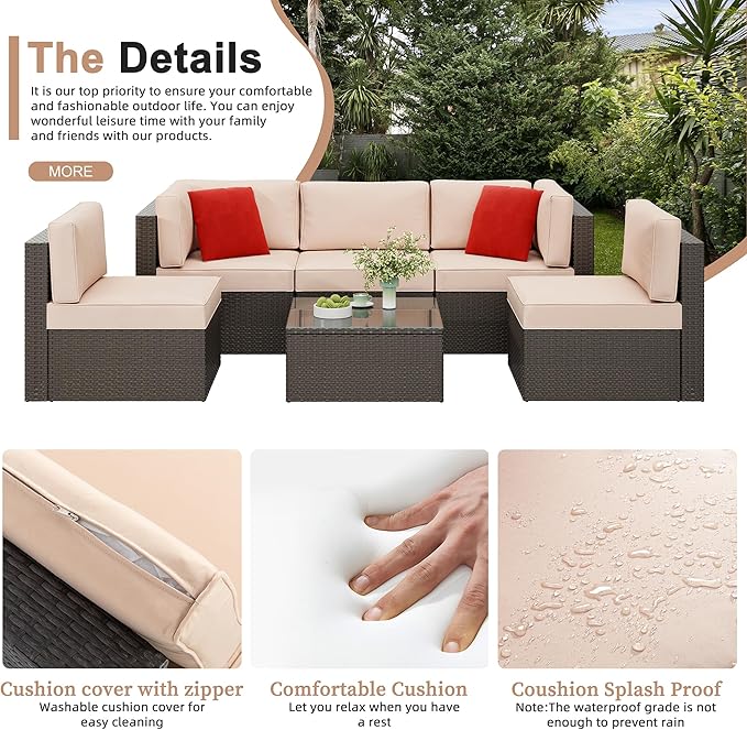 Shintenchi 6 Pieces Patio Furniture Sets Outdoor All-Weather Sectional Patio Sofa Set PE Rattan Manual Weaving Wicker Patio Conversation Set with Glass Table&Ottoman Cushion and Red Pillows, Beige