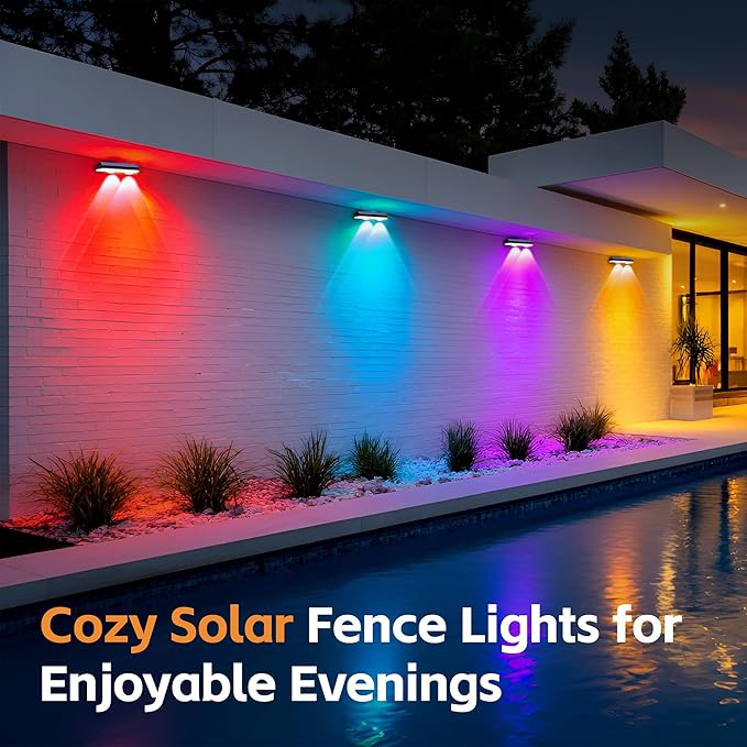 Solar Fence Lights Outdoor, Waterproof LED,RGB Color Mode 6 Solid Monochrome, SolarPowered Wall Lights with 500mAhBattery,Solar Fence Lights lP65 Weatherprooffor Garden, Yard, Balcony (4-Pack)