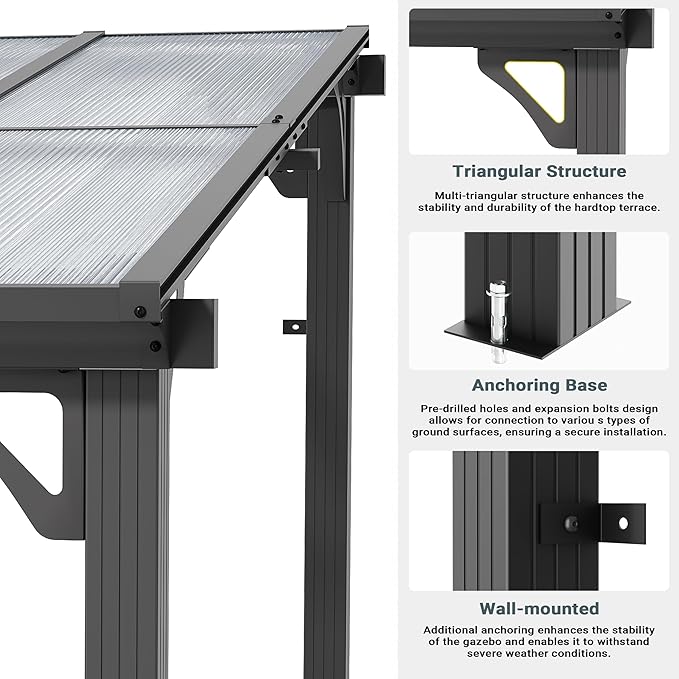 AirWire 10x20 FT Gazebo, Pergola Awnings for Patio with Hardtop Gazebos on Clearance, Patio Covers for Shade and Rain, Lean to Gazebo Sunroom Patio Canopy Outdoor Pergolas for Patios, Decks, Backyard