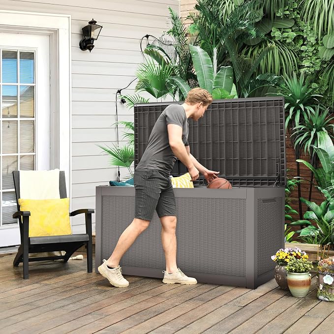 260 Gallon Waterproof Outdoor Storage Box, UV-Resistant & Lockable Lid | Resin Deck Box, Heavy-Duty Large Patio Outside Cushions for Garden Tools, Pool Accessories, Delivery, Chest, Toys, Furniture