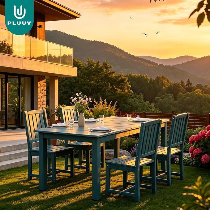 PLUUV 5-Piece Outdoor Dining Set – HDPE Patio Furniture with Aluminum Table, Umbrella Hole, and 4 Armless Chairs, All-Weather Resistant for Garden & Backyard, Navy Blue