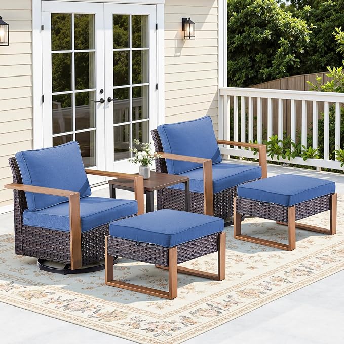 5PCS Swivel Patio Furniture Set, Outdoor Wicker Sofa and Swivel Rocker Chairs, All-Weather Conversation Set for Backyard, Deck and Poolside Blue