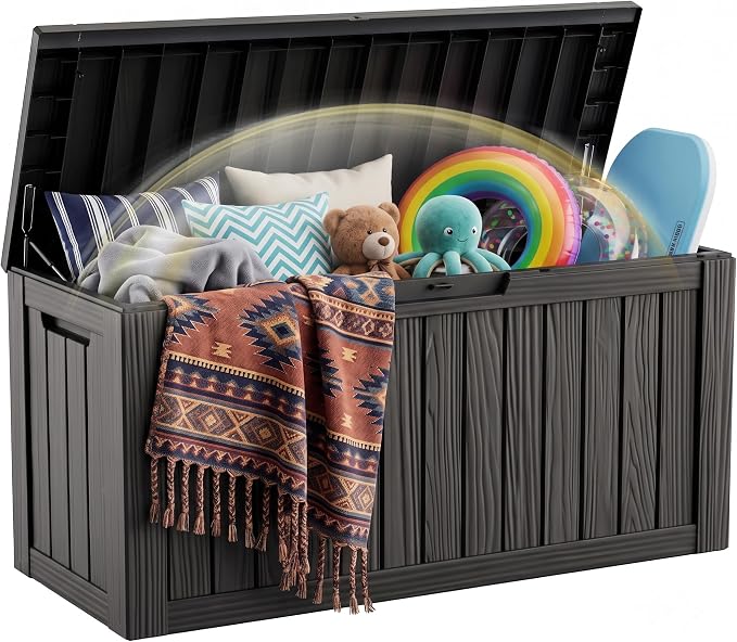 EFU Outdoor Storage Box 140 Gallon Deck Box (Indoor & Outdoor) Lockable UV Resistance Waterproof Resin Storage Bin Storage Box for Outdoor,Patio Storage With Support Rod(Black)