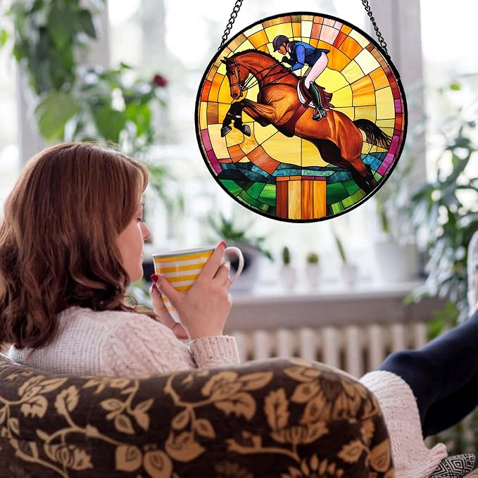 DASTOLL Stained Glass Window Hanging Equestrian Sports Large 11.8" - Horse Suncatcher Door Garden Sunroom Sun Catcher Home Decor Birthday Christmas for Mom Men Woman Nana