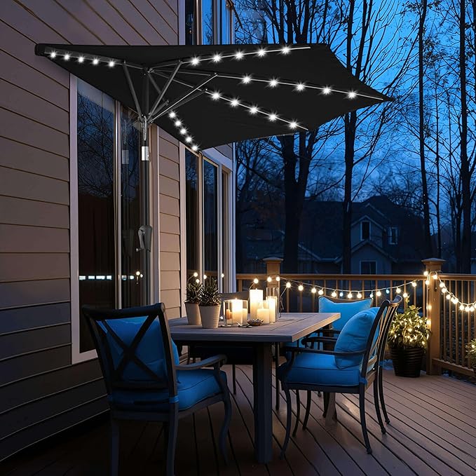 9FT Solar Half Umbrellas Outdoor - LED Half Patio Umbrella with 25 Lights, UV Protection Waterproof, Half Round Umbrella for Wall Balcony, Pool, Porch, Garden, Deck, Backyard, Black