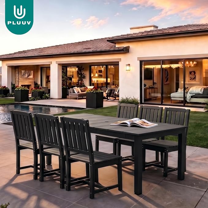 PLUUV 7-Piece Outdoor Dining Set – HDPE Patio Furniture with Umbrella Hole Table, Aluminum Legs, and 6 Armless Chairs, Weatherproof & Easy-Clean for Backyard, Garden, Grey