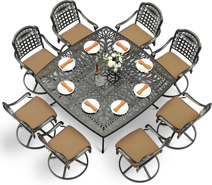 VIVIJASON 9-Piece Outdoor Dining Furniture Set, Cast Aluminum Patio Table & Chairs Set for 8, Include Large 64" Square Dining Table and 8 Swivel Rocker Chairs with Umbrella Hole, Khaki