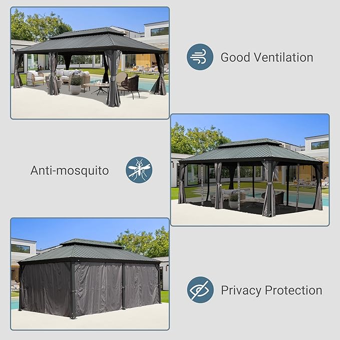 Domi 12' X 20' Hardtop Gazebo, Upgraded Metal Gazebo with Drainage System, Dual-Layer Galvanized Steel RoofCurtain and Netting, Outdoor Shelter Canopy for Patio, Garden, and Backyard, Grey
