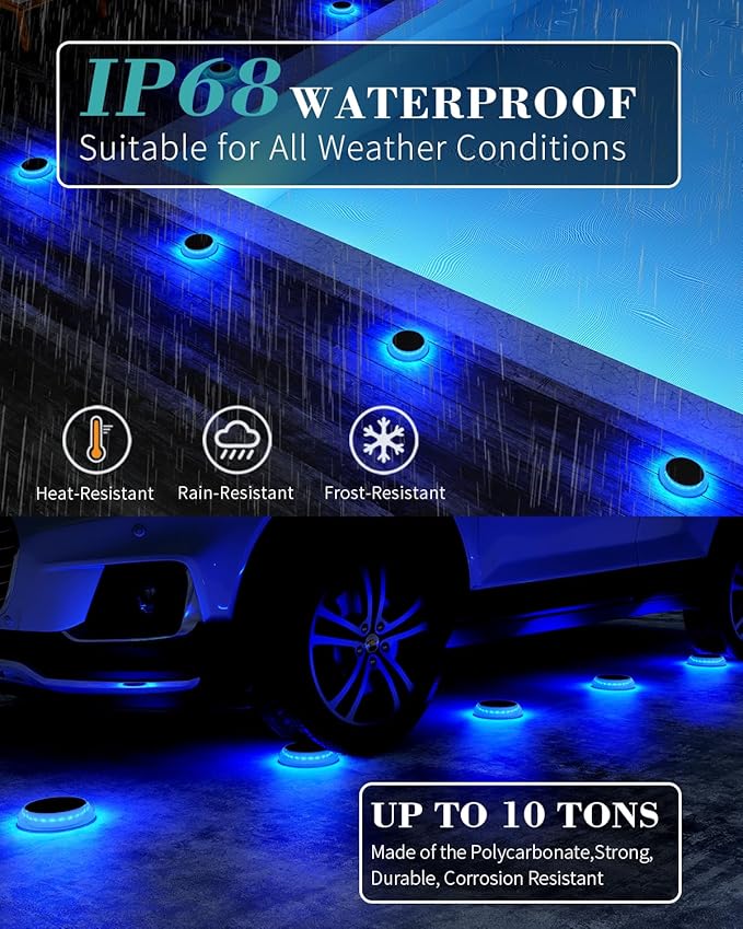 DetarZinLED 6 Packs Solar Driveway Lights, Blue Dock Deck Lights Solar Powered Outdoor IP68 Waterproof, Stick on Light for Step, Stair, Driveway, Pool, Pathway, Walkway, Patio