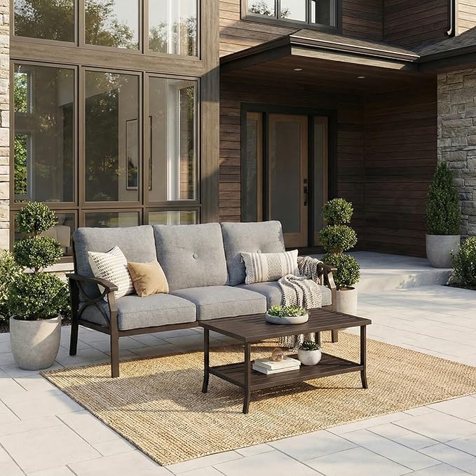 RoyalCraft Outdoor Patio Furniture Set, 2 Piece Patio Conversation Set, Metal Furniture Set with 3 seat Sofa for Porch Backyard,Khaki Metal Furniture with Gray Cushions