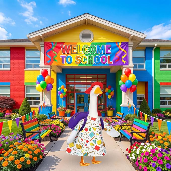 FuWeave Back to School Porch Goose Outfit Set for Plastic Statue Lawn Porch Goose Clothes with Schoolbag for Patio Decor