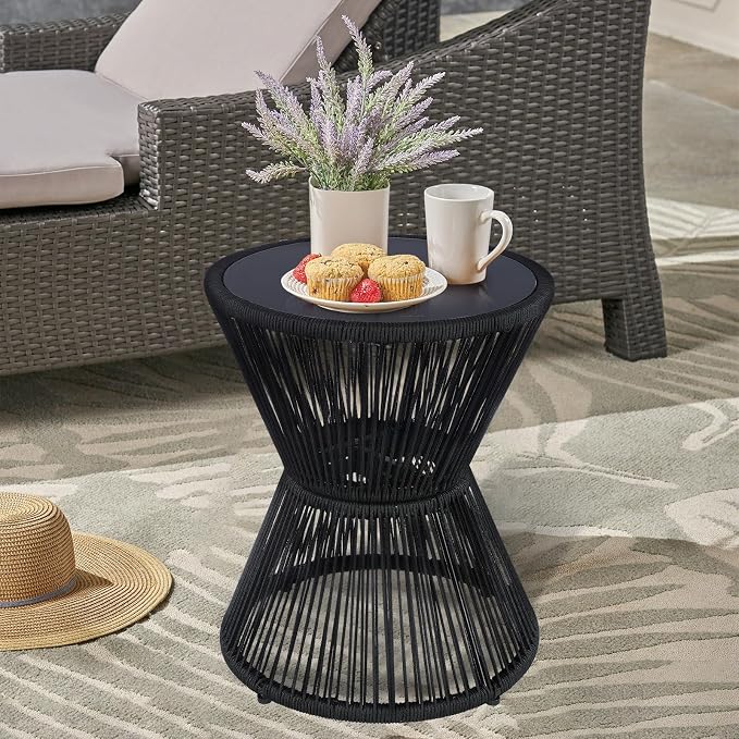 SUNNYPARK Outdoor Side Table 20'' H Small End Tables Woven Rope Weather Resistant with Glass Top Round Coffee Table for Indoor Balcony Patio Poolside (Black)
