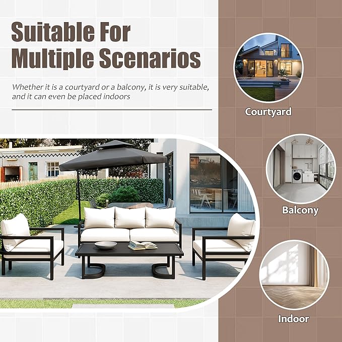 4-Piece Outdoor Steel Sofa Set, All Weather Patio Conversation Set with 1 Love Sofa, 2 Single Sofas, Coffee Table, Waterproof Cushions, Suitable for Backyard, Poolside Gardens (Beige-Z)