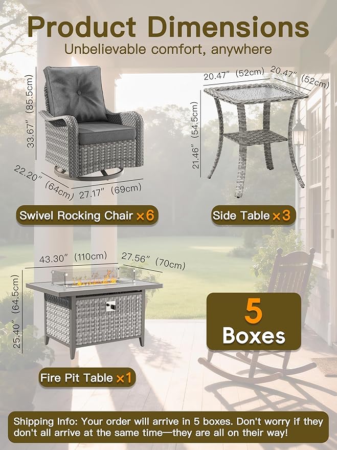 10-Piece Outdoor Conversation Set with 43" Fire Pit Table, 6 Swivel Rocking Chairs (4" Cushions) & 3 Side Tables, All-Weather PE Rattan & Steel Frame for Porch, Deck, Backyard, Black