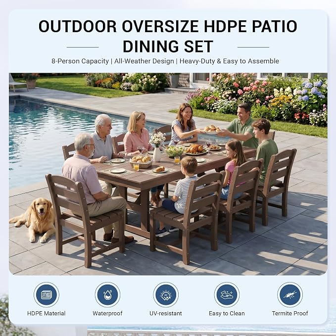 KINGYES Outdoor Armless Dining Chairs Set of 6,All-Weather HDPE Patio Chairs for Backyard,Pooside,Brown