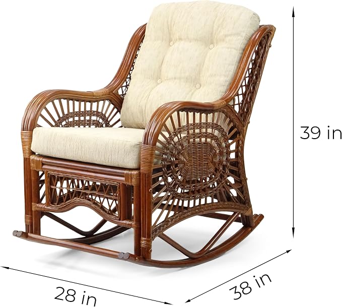Malibu Handmade Natural Rattan Living Room Set of 2 Rocking Lounge Chairs and Round Coffee Table with Glass, Colonial Color, Cream Cushions