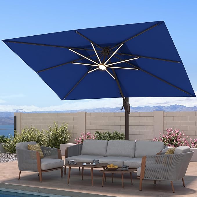 10x13 FT Patio Umbrella with Weighted Base and LED Lights Cantilever Outdoor Large Heavy Duty Rectangle Aluminum Offset Umbrellas Double Top 360 Rotation for Pool Deck Garden, Navy