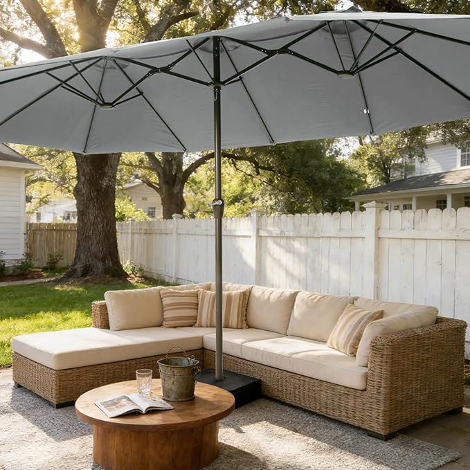 15FT Large Patio Umbrellas with Base Included, Outdoor Double-Sided Rectangle Big Market Umbrella with Stand, Outside Umbrellas for Poolside Lawn Backyard,Light Gray