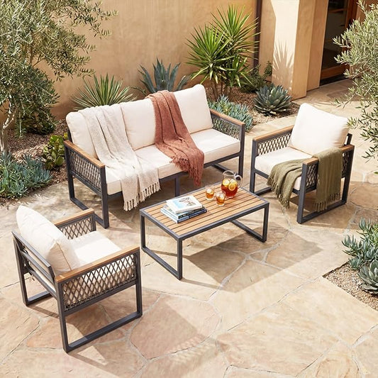 UPHA 4 Pieces Patio Furniture Set, Metal Outdoor Sectional Couch Set with 3-Seat Sofa, 2 Chairs, Coffee Table, Modern Patio Conversation Set for Porch Balcony Deck, 5 Seats, Beige
