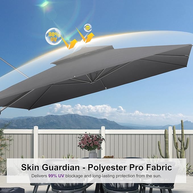 PURPLE LEAF 12 FT Cantilever Patio Umbrella Outdoor Umbrella with 330lbs Base Large Square Windproof Offset Umbrella for Pool Deck Garden, Graphite Grey