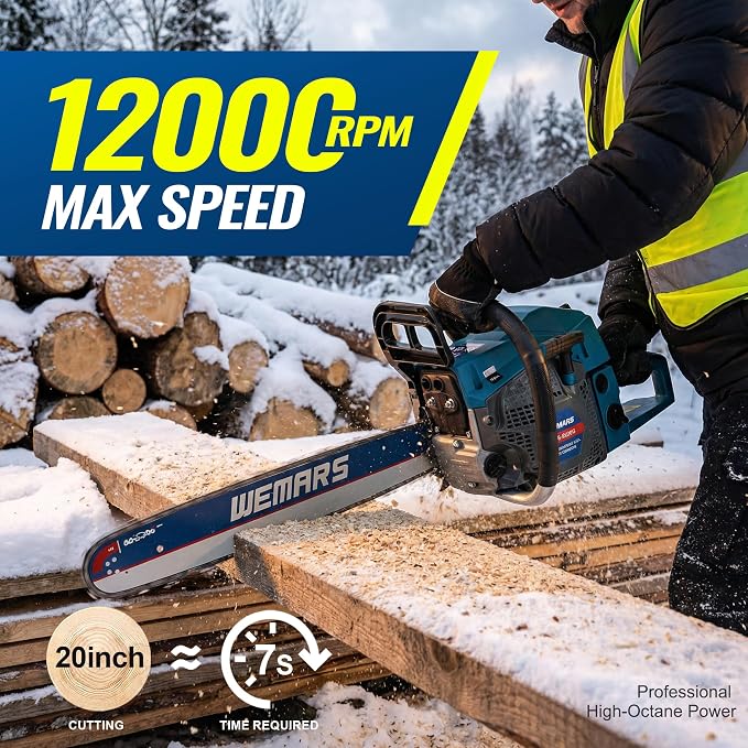 Gas Chainsaw 62CC 20 Inch Gas Powered Chainsaws 2-Cycle Gasoline Handheld Cordless Petrol Chain Saws for Cutting Wood Tree Trimming Garden and Farm Use