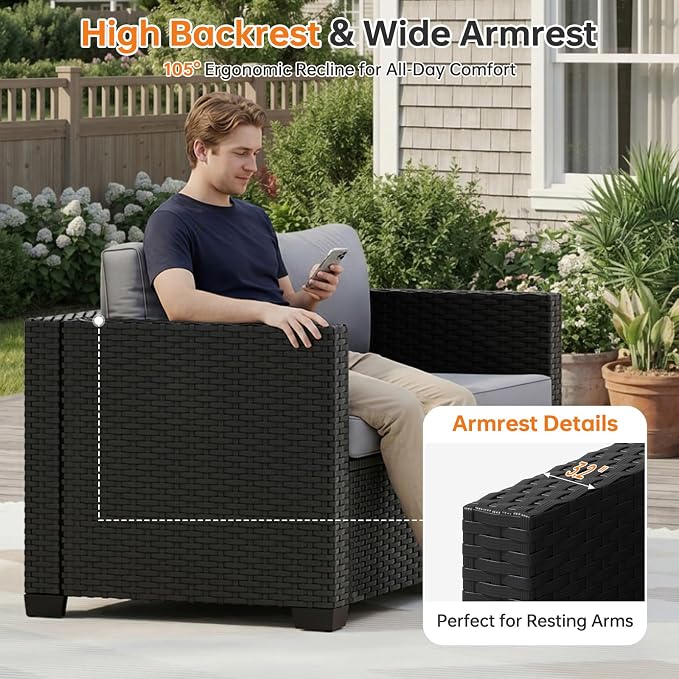 LazySunsets 6-Piece Outdoor Patio Furniture Set, Rattan Outdoor Sectional with Thick Waterproof Cushions, Wicker Ottomans & Waterproof Cover, Patio Conversation Set for Garden, Backyard, Grey