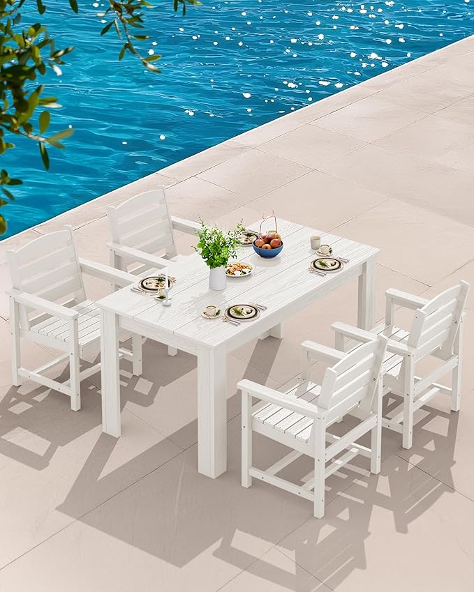 SERWALL Patio Dining Set for 6, Outdoor Dining Sets for 6 Person with 1 Umbrella Hole Cut-Out Rectangular Table and 6 Chairs, HDPE Dining Sets for Garden, Backyard, Poolside, White