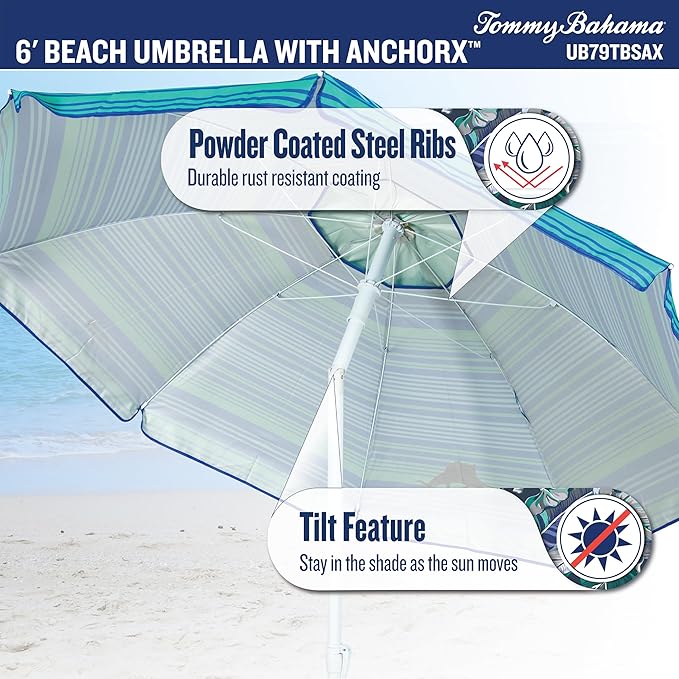 Tommy Bahama ANCHORX Adjustable Beach Umbrella Base System with Sand Anchor and Carrying Bag, SPF 50+ Protection Portable Outdoor Market Umbrella