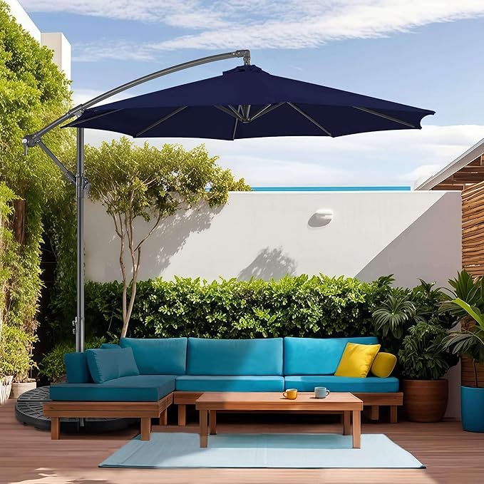 FLAME&SHADE 10ft Cantilever Patio Umbrella Outdoor, Large Offset Umbrella with Crank and Cross Base, UPF 50+ UV Protection Hanging Umbrella for Pool Deck Garden (Navy Blue)