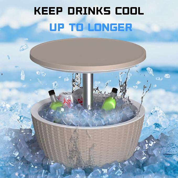 Outdoor Cool Bar Table 8 Gallon Portable Cooler Side Table,3-in-1 Cocktail Coffee Table Rattan Style,Sturdy, Waterproof & UV Resistant,Easy to Assemble & Clean for Indoor & Outdoor Use(Grey)