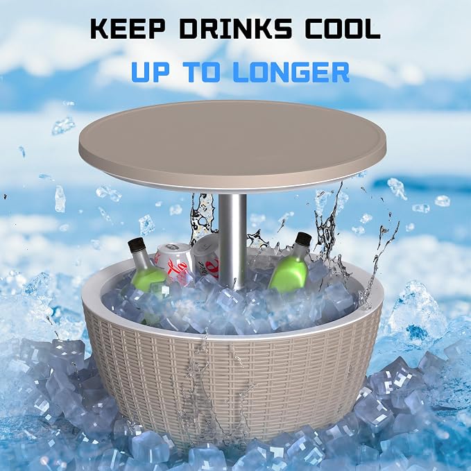 3-in-1 Outdoor Cocktail Table w/Built-in 8Gal Wine Cooler & All-Weather Ice Bucket - Adjustable Patio Bar Height Cooler Table for Poolside, Backyard, Outdoor Bar, Party & Picnic