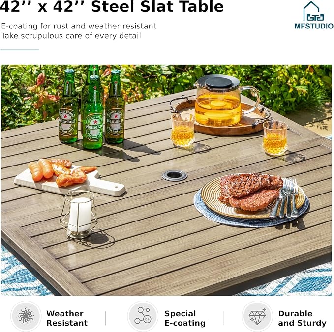 MFSTUDIO 5-Piece Patio Dining Set, Swivel Metal Chairs, Umbrella Hole | 42" Square Wood-Look Metal Table, Black, Removable Cushions
