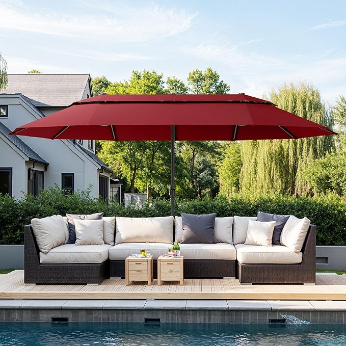 Sophia & William 15ft Extra Large Patio Umbrella with Base Included, 2-Tier Double-Sided Rectangle Outdoor Umbrella with Stand, Market Umbrella for Pool Garden Backyard, Red
