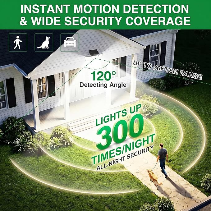 Solar Outdoor Lights Motion Sensor, 2500LM 286 LED Security Flood Lights with Visual Battery & Mode Display, 3 Lighting Modes, IP65 Waterproof 3-Head Wide Angle for Garage, Yard, Patio (4 Pack)