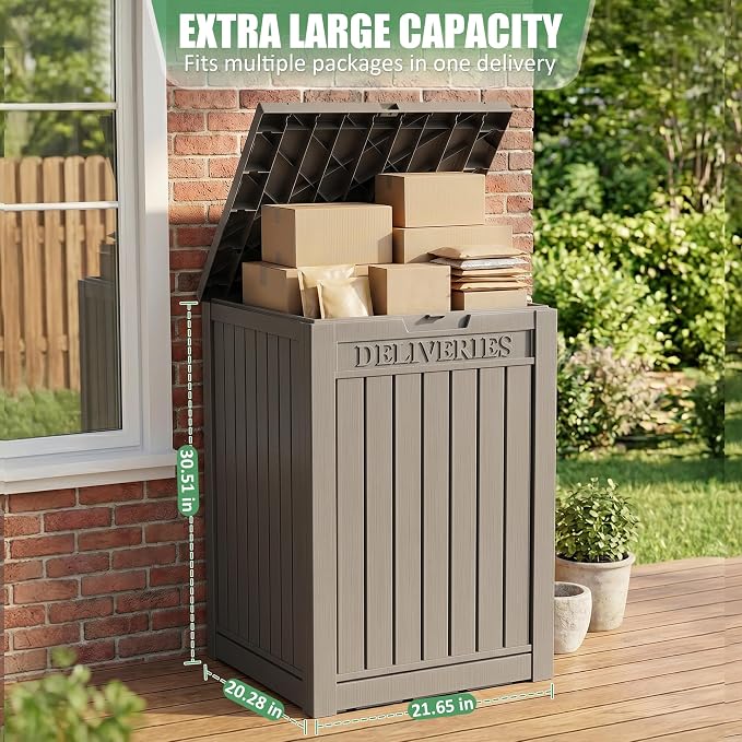 EasyUp Package Delivery Boxes for Outside, 55 Gallon Outdoor Parcel MailBox Drop Storage Deck Box Secure Resin Waterproof Lockable UV Resistant Patio Porch Mail Grey