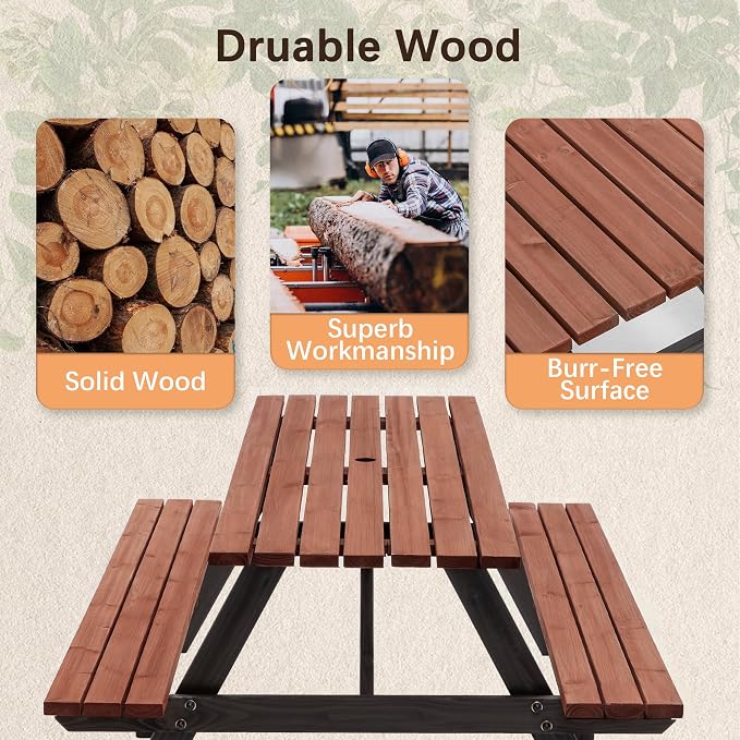 75" Solid Wood Picnic Table, 8-Person Capacity Outdoor Wooden Picnic Tables with Umbrella Hole, 2200-pound Weight Capacity Ideal for backyards, lawns, and barbecues