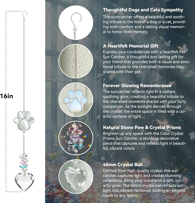Dog Memorial Gifts, Pet Memorial Suncatcher, Loss of Dog Sympathy Gift | Thoughtful Dogs and Cats Bereavement Remembrance Gifts, Natural Cat's Eye Stone Paw Crystal Suncatcher