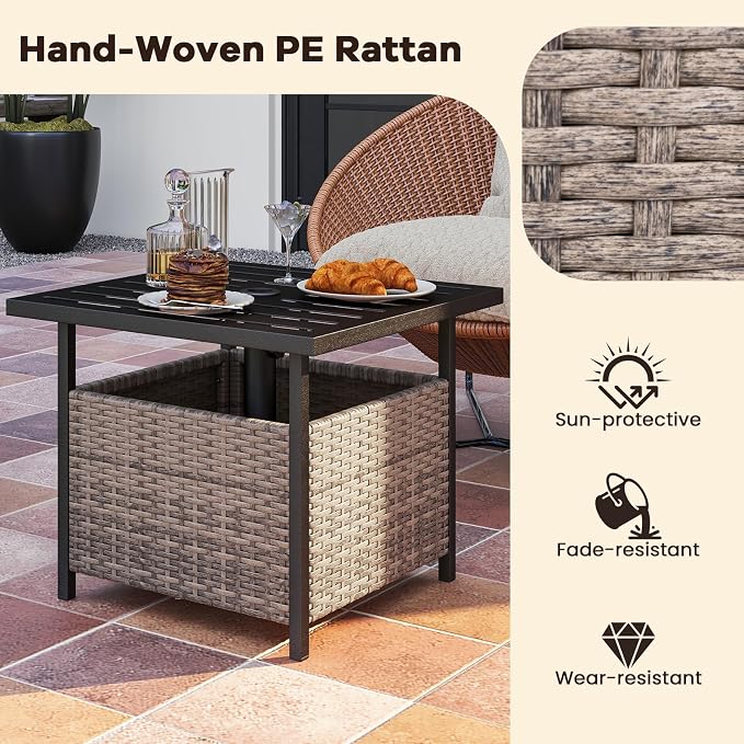 HAPPYGRILL Wicker Patio Umbrella Table with 1.57” Umbrella Hole, Outdoor Rattan Side Table with Heavy Duty Metal Frame, 22” Square PE Rattan End Table for Deck Backyard Poolside (Mix Gray)