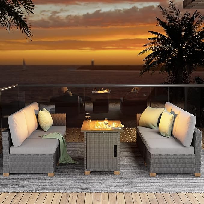 Grand patio 5 Pieces Wicker Outdoor Furniture Set,Patio Furniture Set with CSA Certification Fire Pit Table,Modular Sectional Sofa Sets with Olefin Cushions, 50,000 BTU Heat Output (Light Gray)