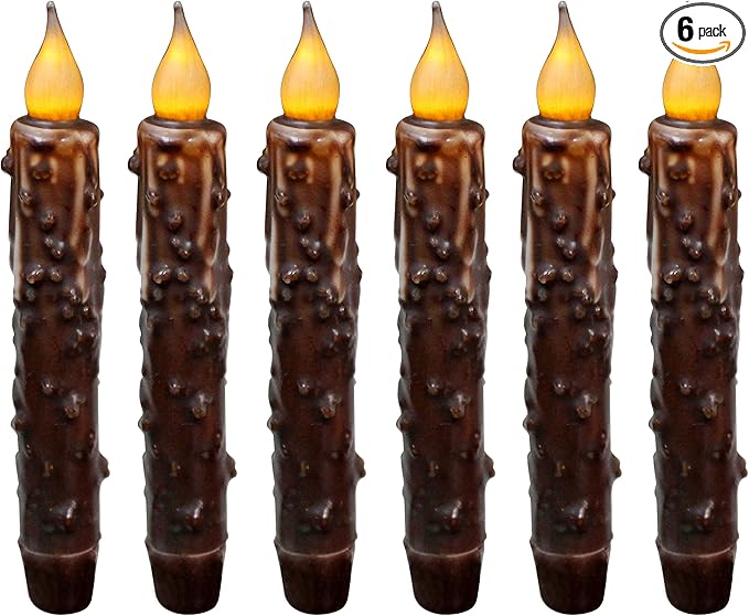 CVHOMEDECO. Real Wax Hand Dipped Battery Operated LED Timer Taper Candles Rustic Primitive Flameless Lights Décor, 6-3/4 Inch, Brwon, 6 PCS in a Package