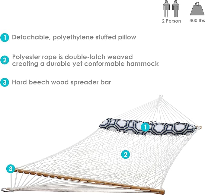 Sunnydaze Polyester Rope Double Hammock with Spreader Bars - 400-Pound Capacity - White with Navy and Gray Octagon Pillow