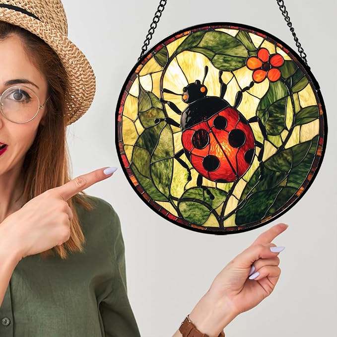 Stained Glass Window Hanging - Red Ladybug Green Plant Flower Sun Catcher for Door Home Decor Insect Suncatcher Christmas Mother's Day Birthday Gifts for Women Men Mom Nana 7.8 in