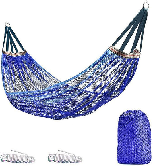 Outdoor Hammock, Load Bearing Camping Hammock, Super Soft and Breathable Nylon Mesh Hammock, with Portabl Carry Bag, Handwoven Mayan Family Hammock, for Outside Outdoor Patio Backyard (Blue)