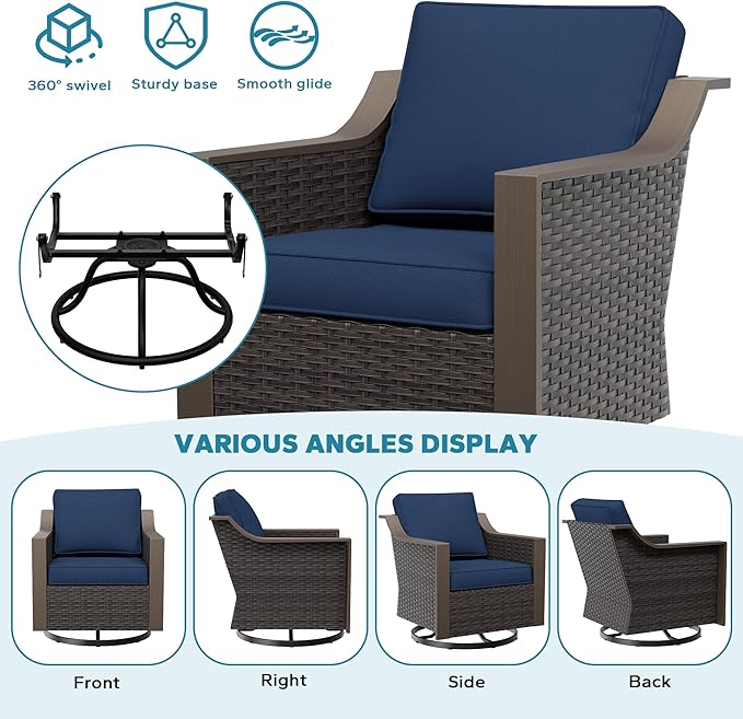 3 Pieces Outdoor Patio Conversation Furniture Set - 75" 3-Seat Sofa | 2 Swivel Glider Rocker Chairs | Wicker End Table, Rattan Couch, Metal armrests, Deck (Navy Blue)